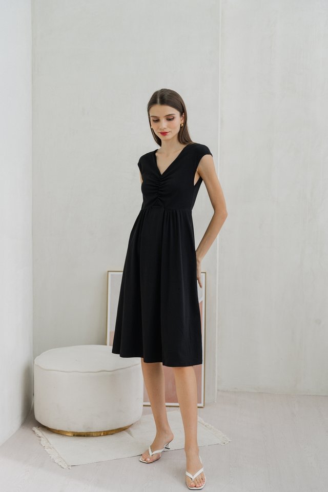 Davina Ruched Cotton Midi Dress In Black