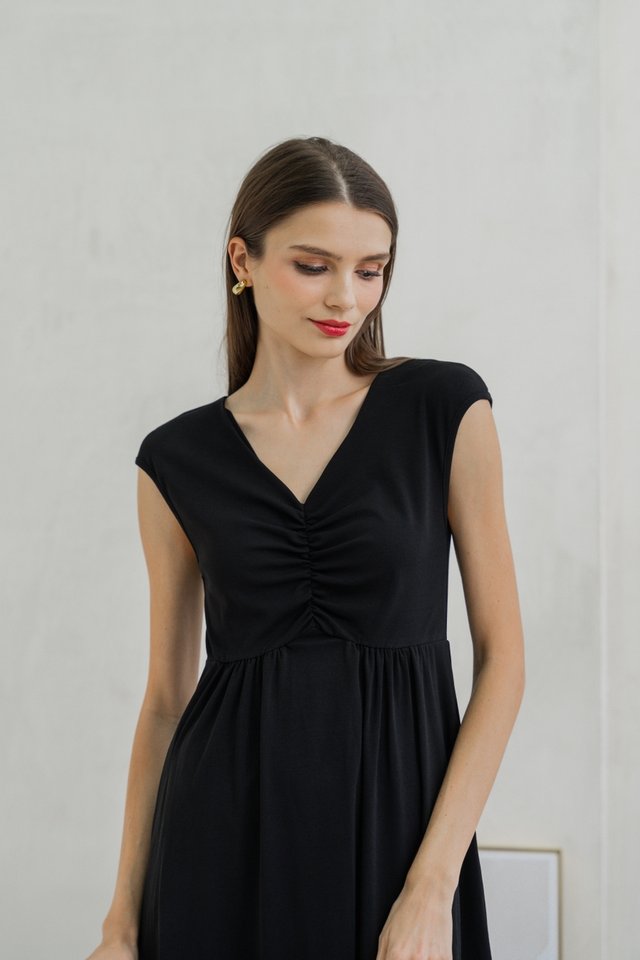 Davina Ruched Cotton Midi Dress In Black