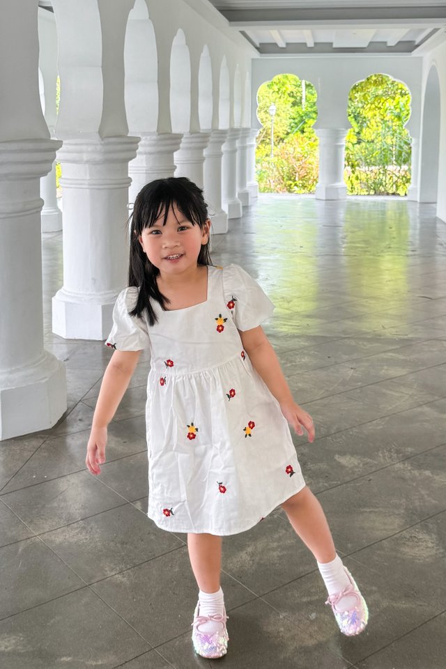 Dalia Embroidery Floral Kids Dress In White