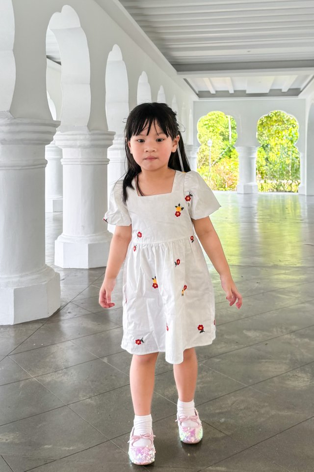 Dalia Embroidery Floral Kids Dress In White