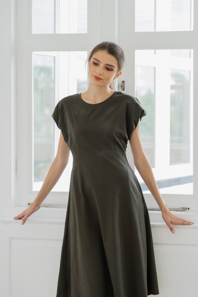 Libbie Cotton Midi Dress In Olive