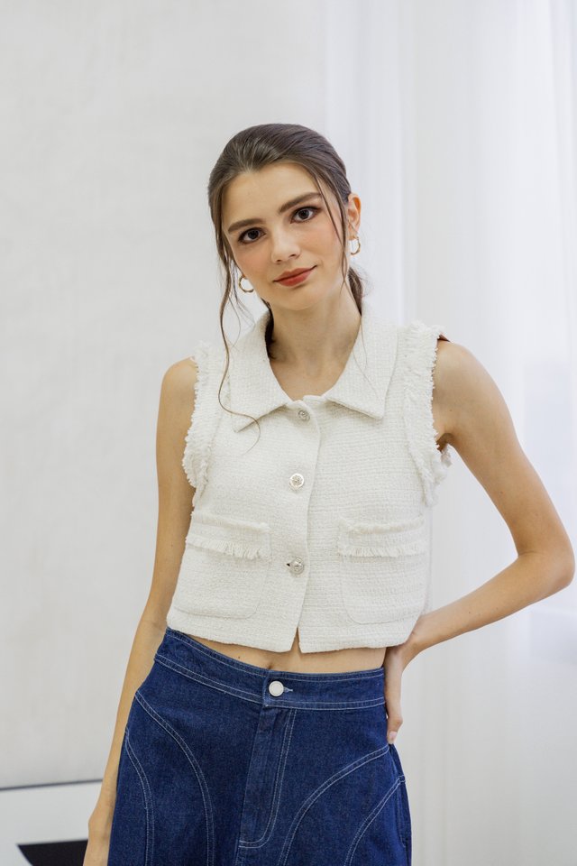 Adley Tweed Vest Button Top In White