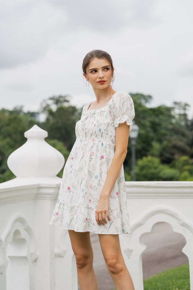 Lenora Smocked Ribbon Floral Dress In White 