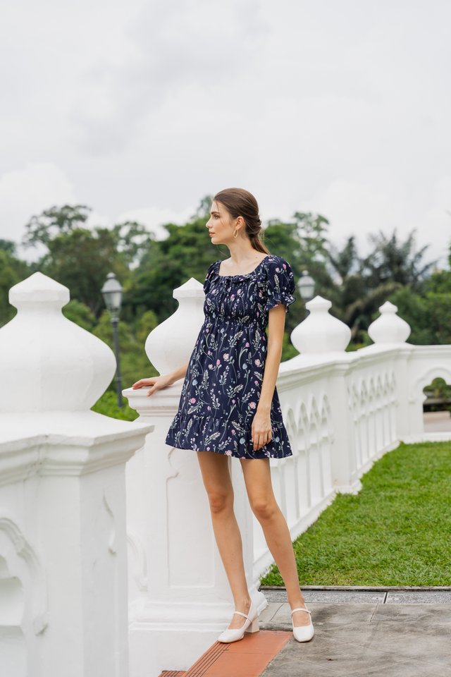 Lenora Smocked Ribbon Floral Dress In Navy