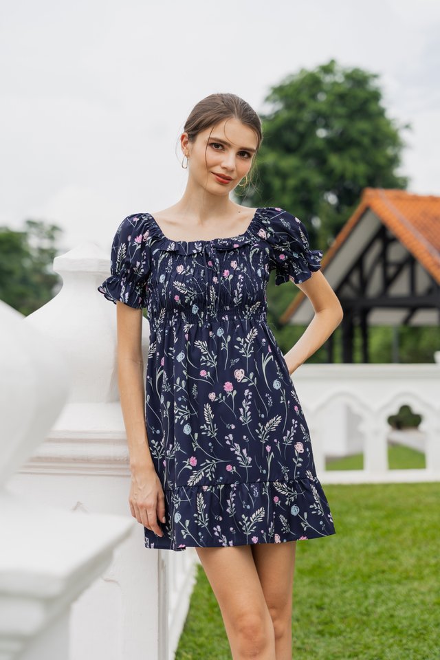 Lenora Smocked Ribbon Floral Dress In Navy