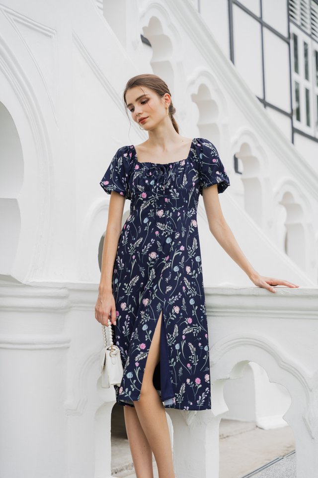 Lenora Floral Midi Dress In Navy