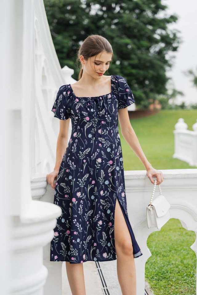 Lenora Floral Midi Dress In Navy