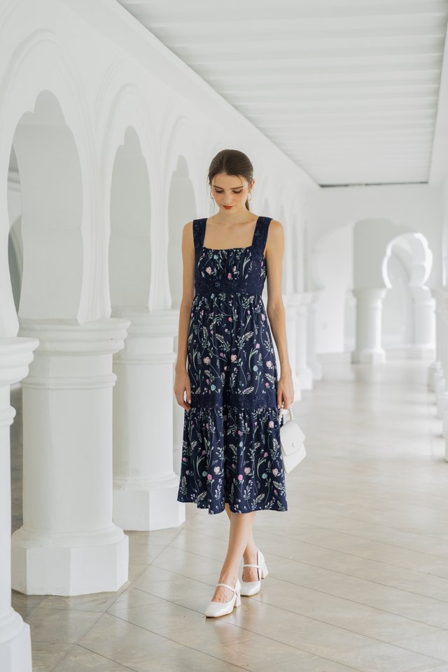 Lenora Floral Crochet Tiered Midi Dress In Navy