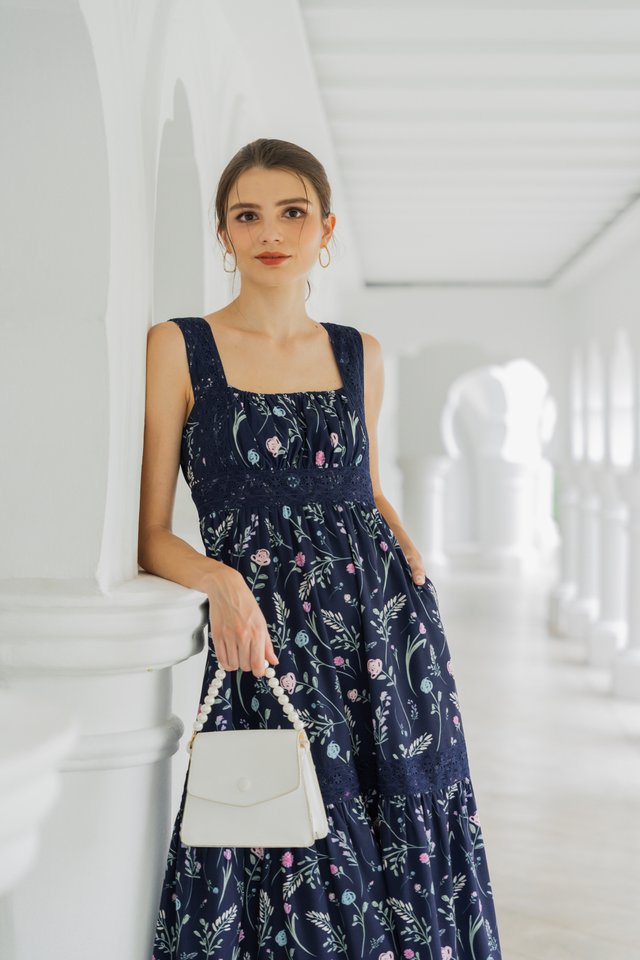 Lenora Floral Crochet Tiered Midi Dress In Navy