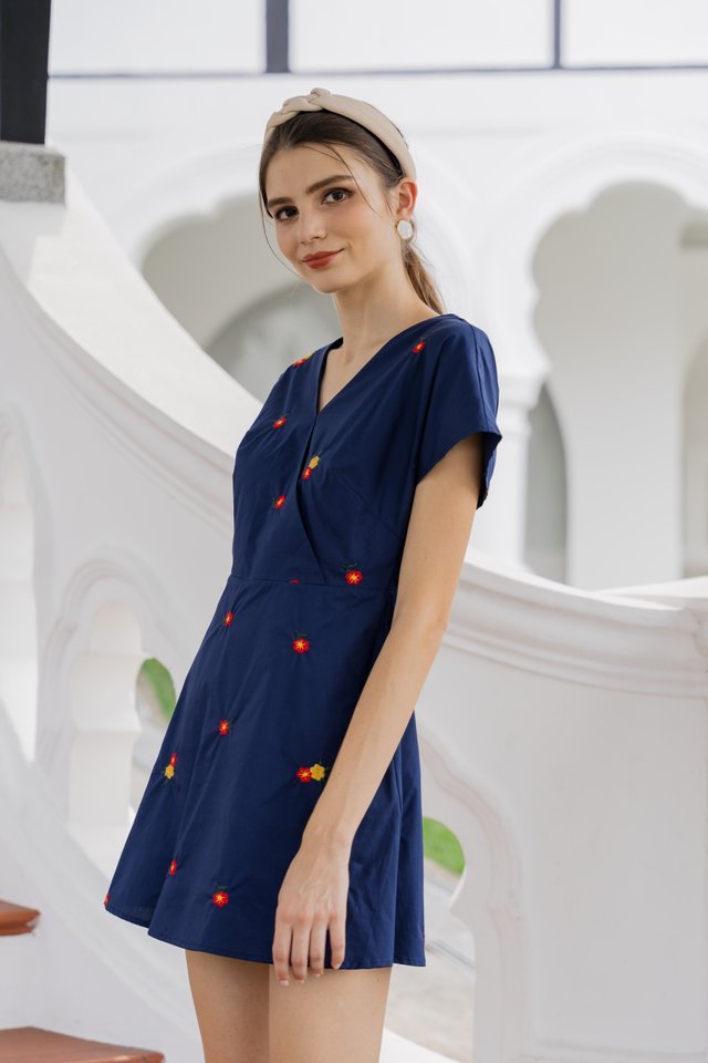 Dalia Overlap Embroidery Dress Romper In Navy