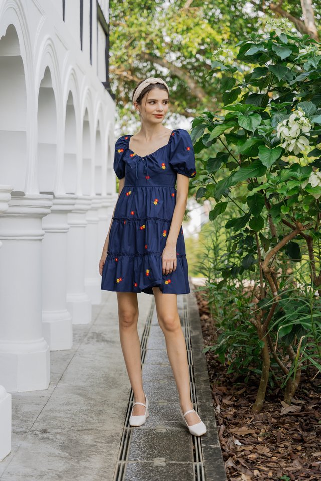 Dalia Puff Sleeves Embroidery Dress In Navy