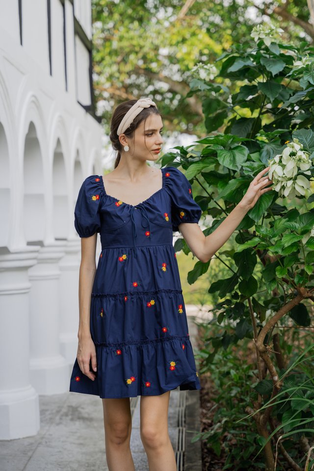 Dalia Puff Sleeves Embroidery Dress In Navy