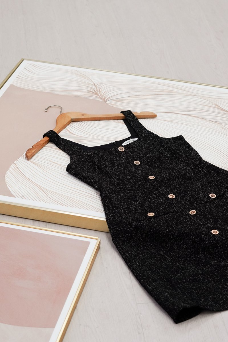 Haisley Tweed Gold Button Dress In Black (XS)