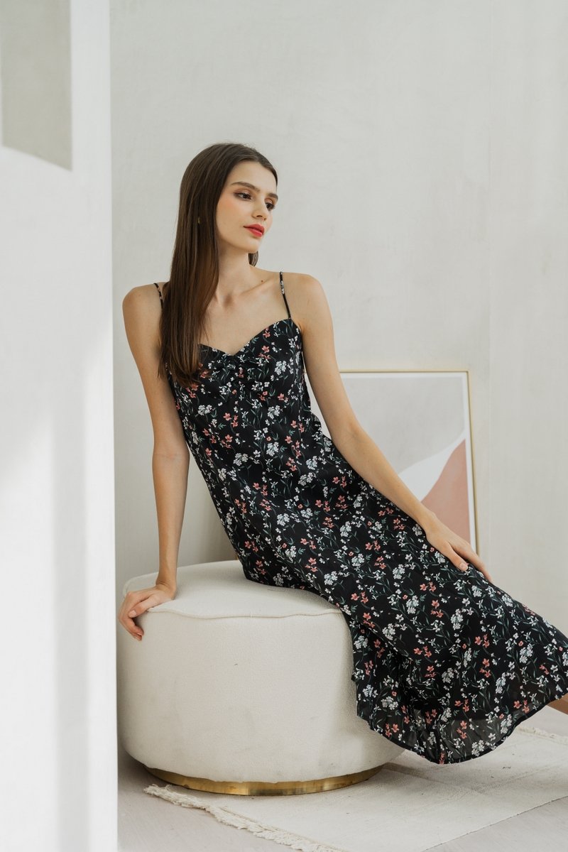 Sylvie Camisole Floral Midi Dress In Black (XS)