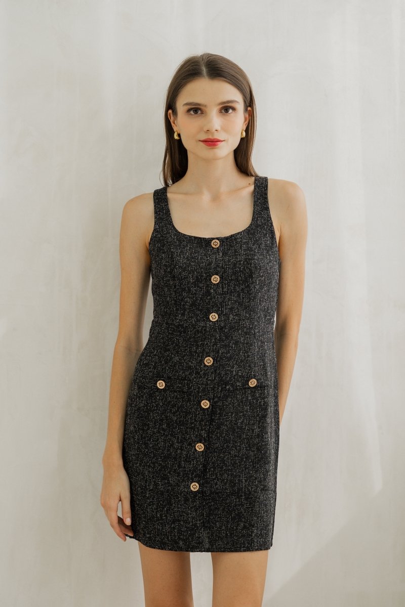 Haisley Tweed Gold Button Dress In Black (XS)