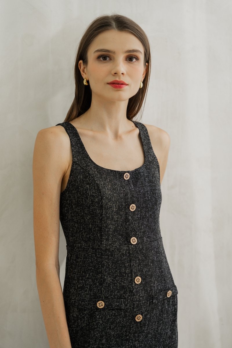 Haisley Tweed Gold Button Dress In Black (XS)