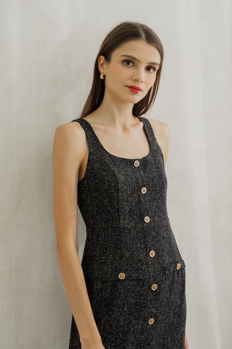 Haisley Tweed Gold Button Dress In Black (XS)