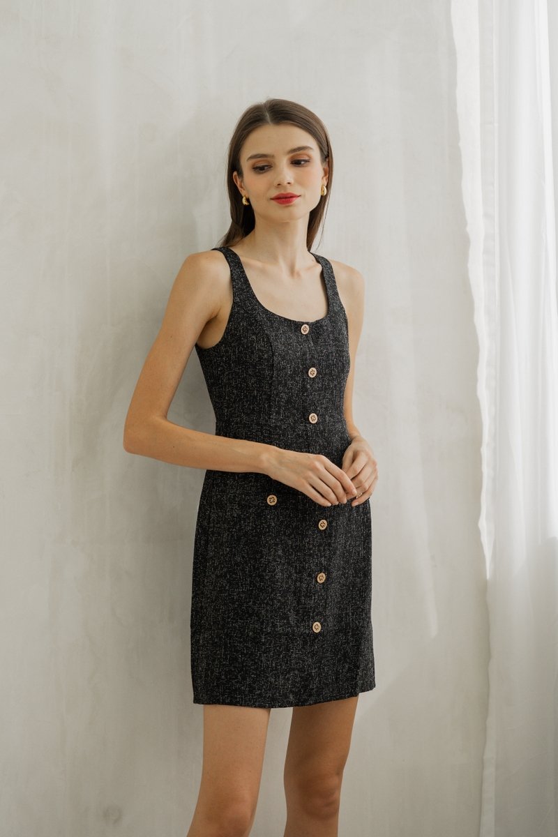 Haisley Tweed Gold Button Dress In Black (XS)