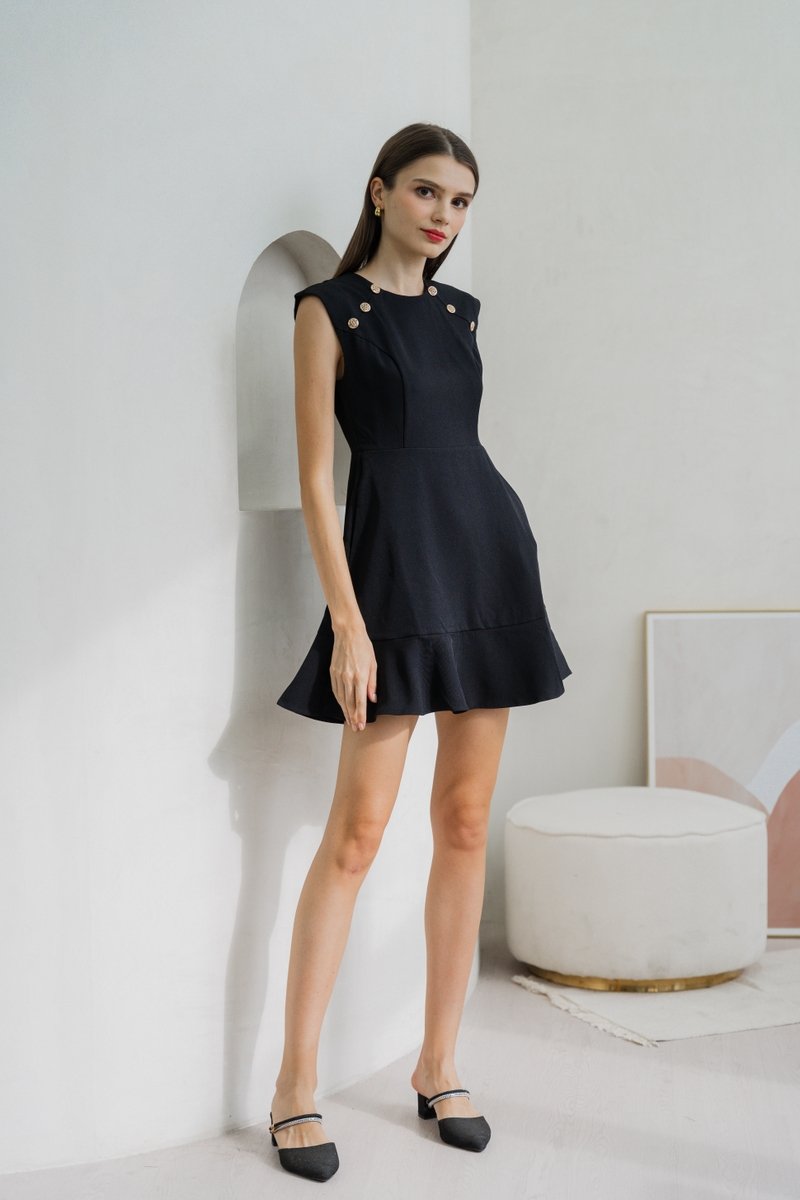 Jolene Gold Button Dropwaist Dress In Black (XS)