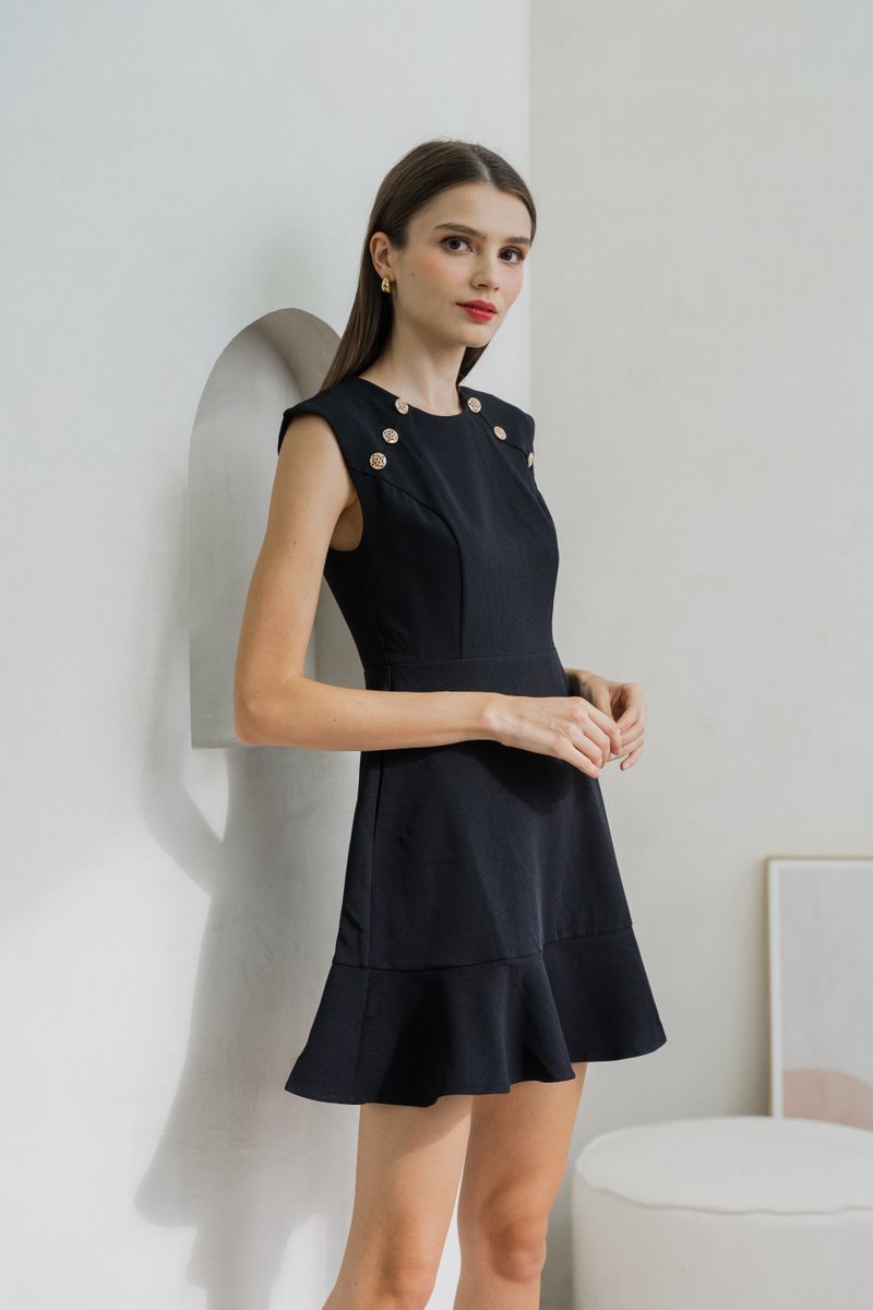 Jolene Gold Button Dropwaist Dress In Black (XS)