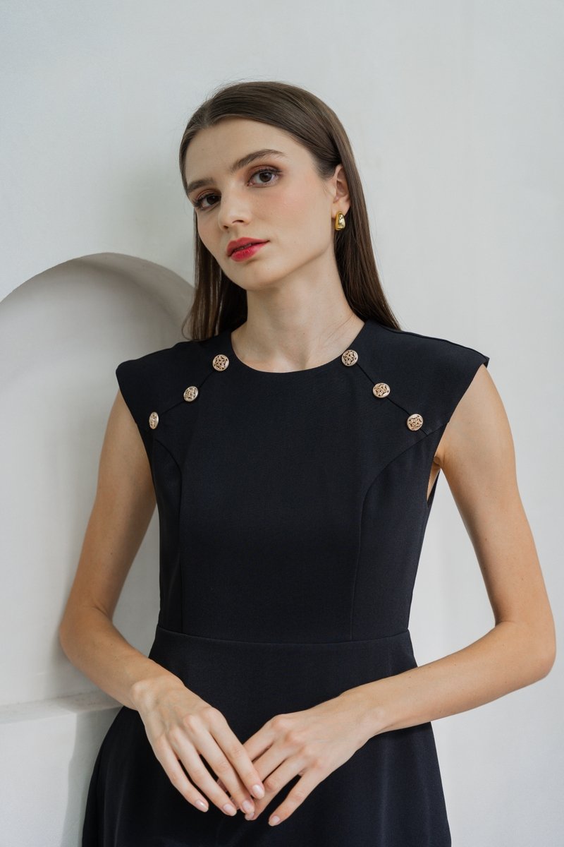 Jolene Gold Button Dropwaist Dress In Black (XS)