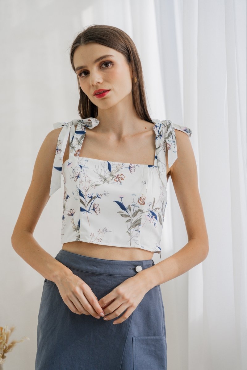 Aleena Self Tie Floral Crop Top In White