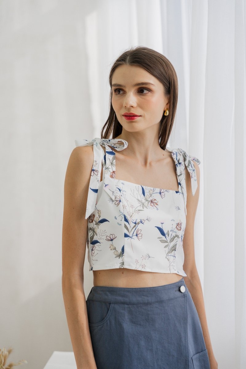 Aleena Self Tie Floral Crop Top In White