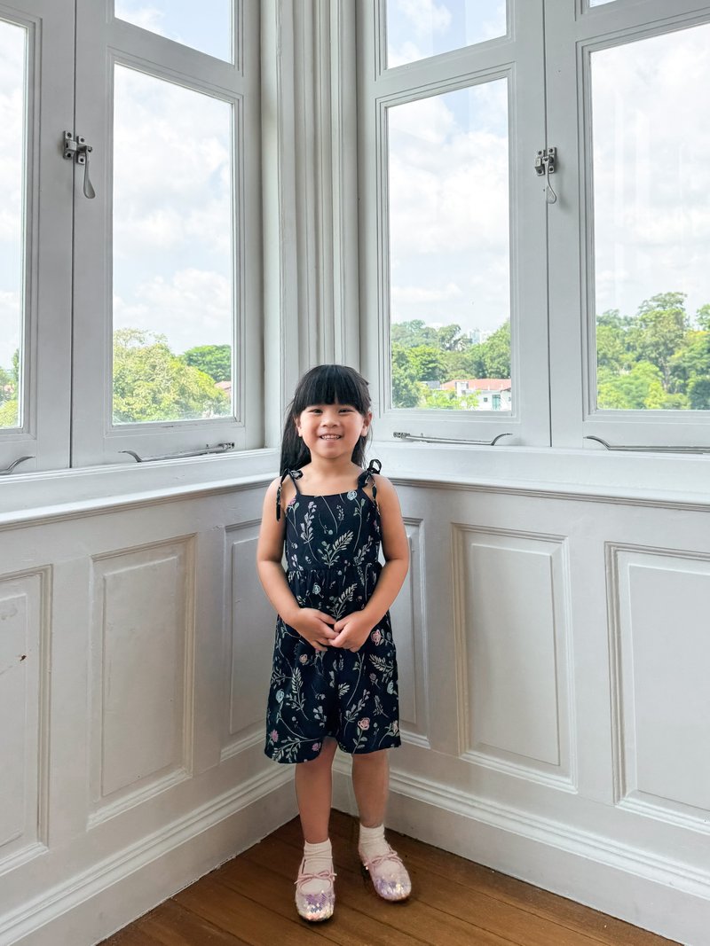 Lenora Self Tie Ribbon Kids Dress In Navy