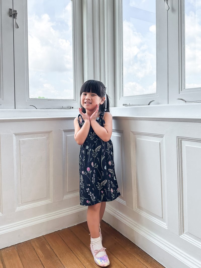 Lenora Self Tie Ribbon Kids Dress In Navy