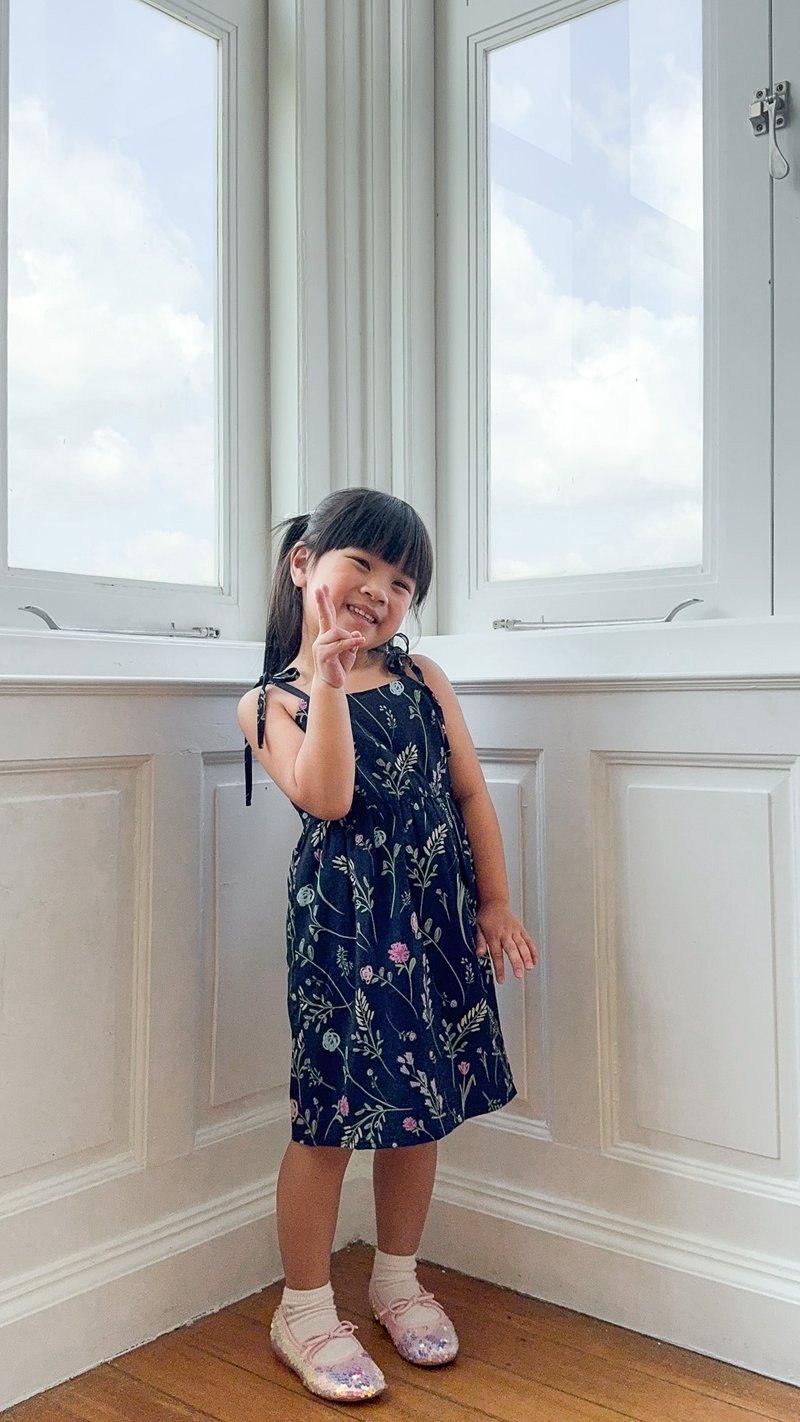 Lenora Self Tie Ribbon Kids Dress In Navy