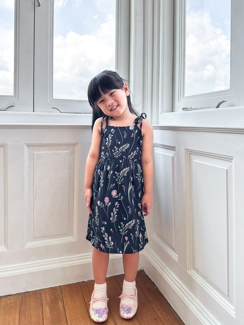 Lenora Self Tie Ribbon Kids Dress In Navy