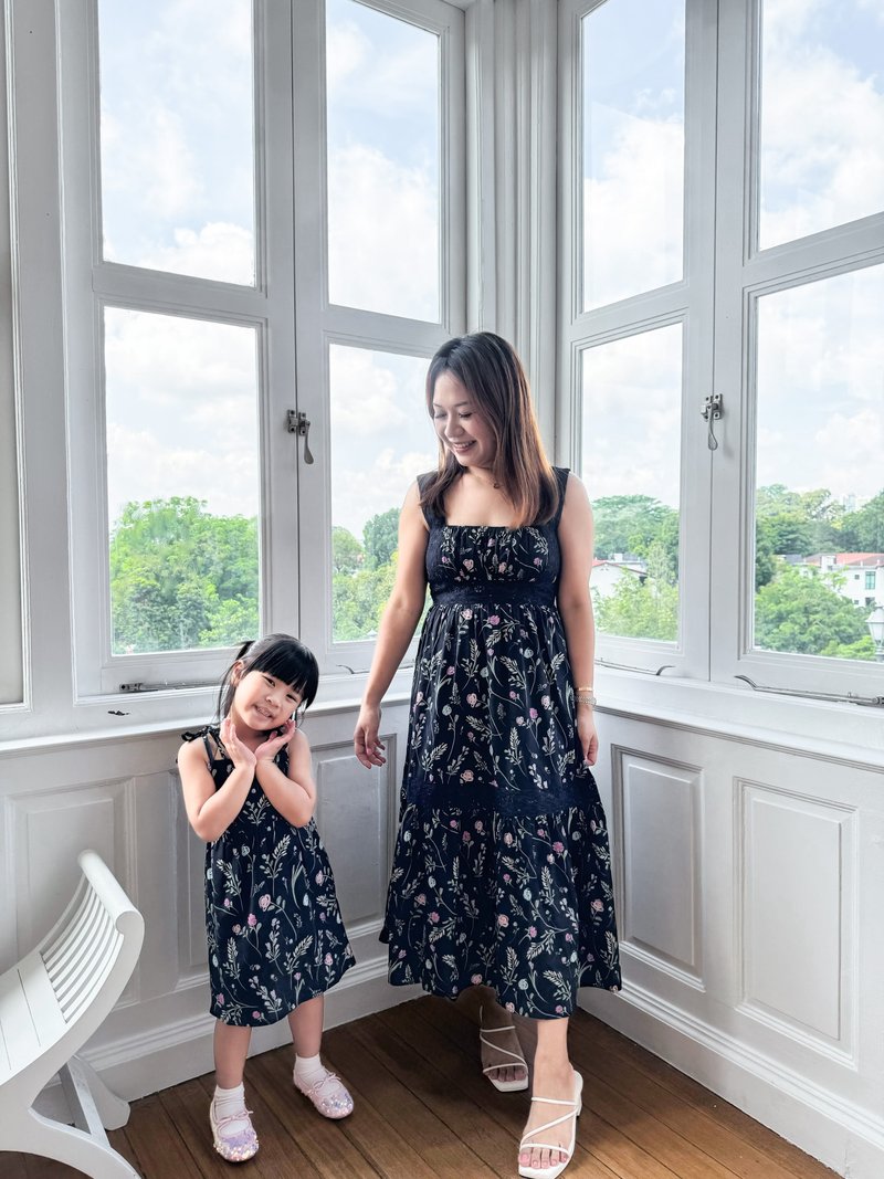 Lenora Self Tie Ribbon Kids Dress In Navy