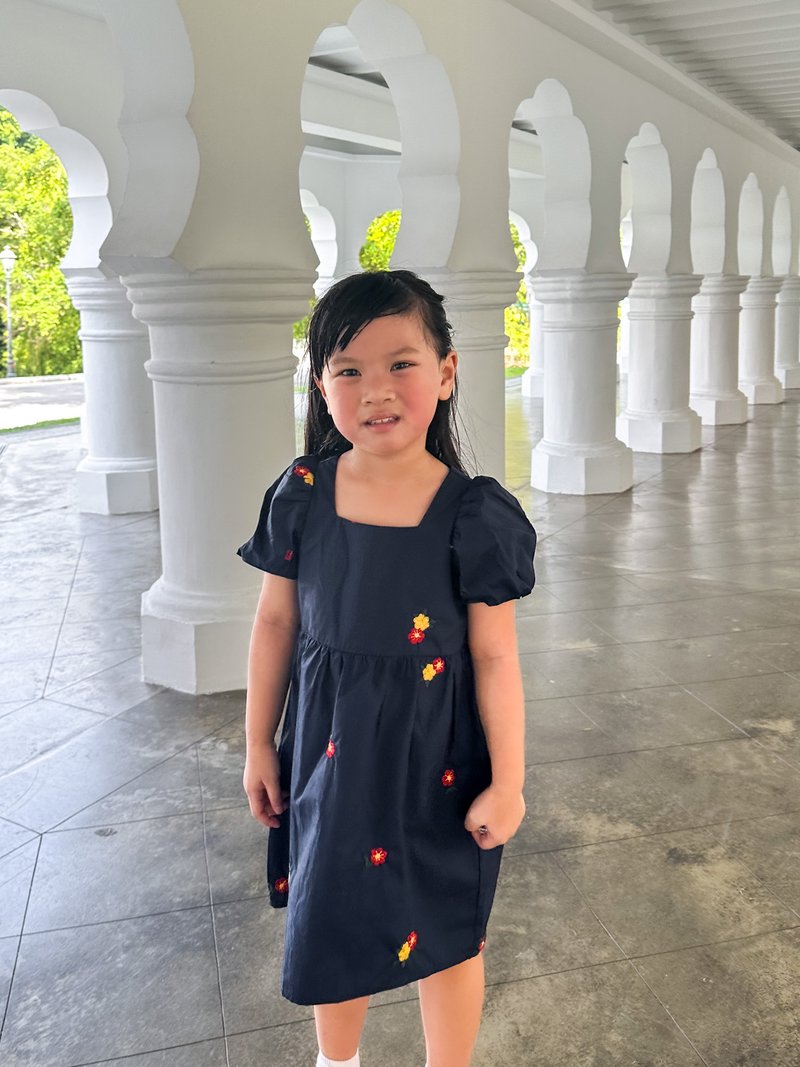 Dalia Embroidery Floral Kids Dress In Navy