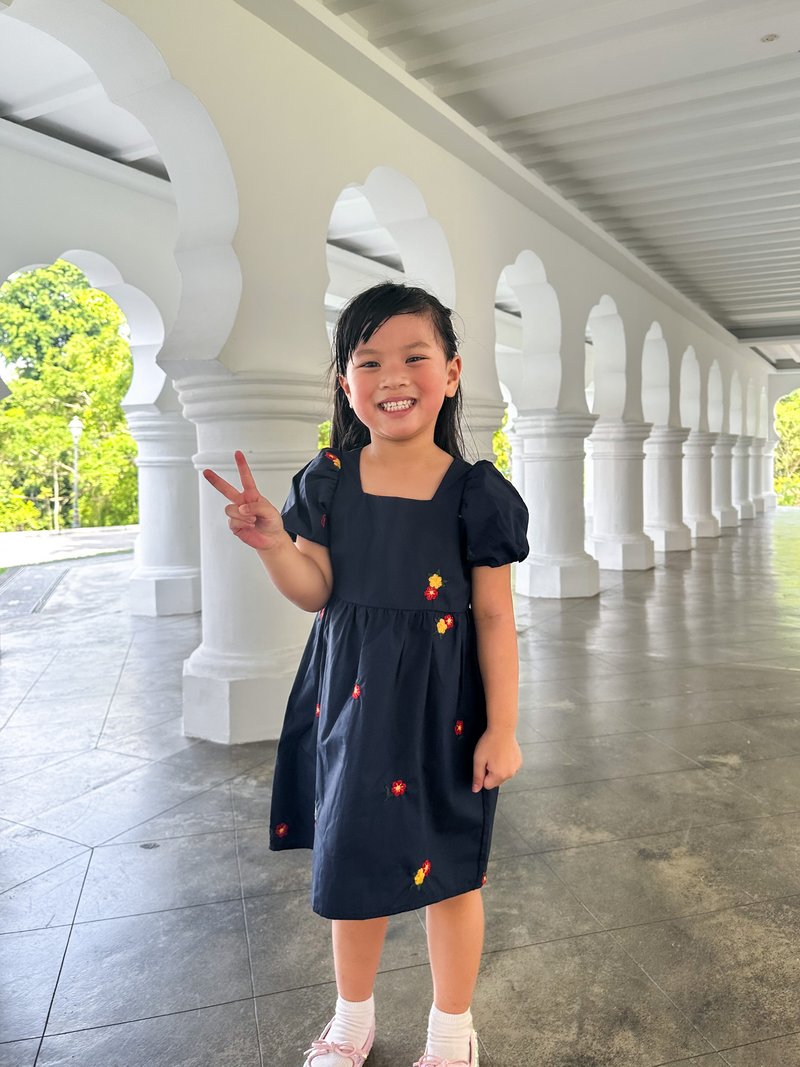 Dalia Embroidery Floral Kids Dress In Navy
