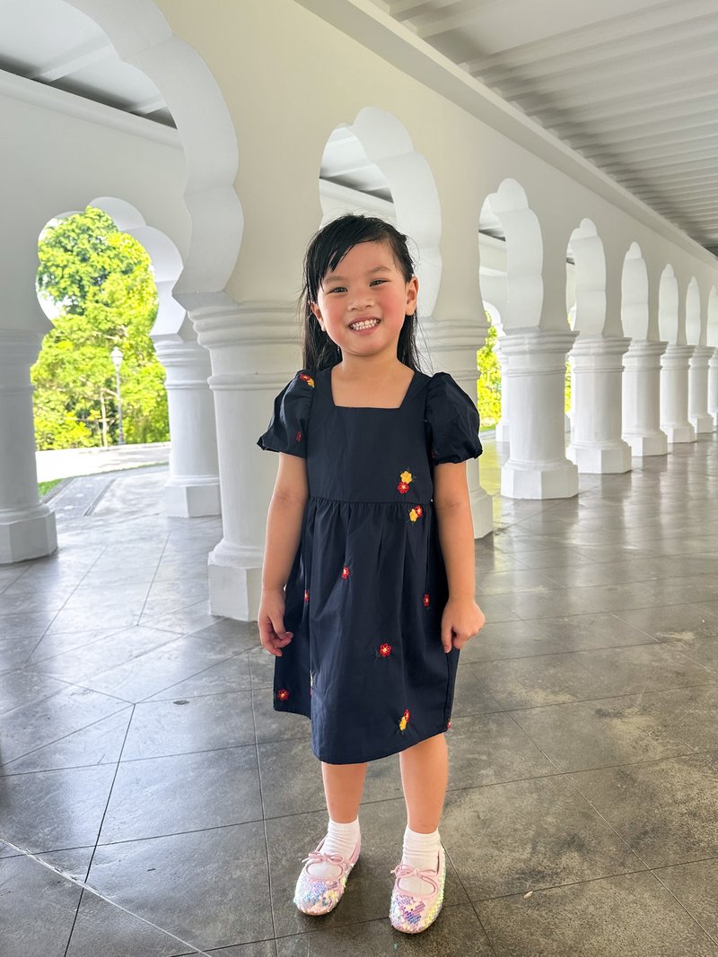 Dalia Embroidery Floral Kids Dress In Navy