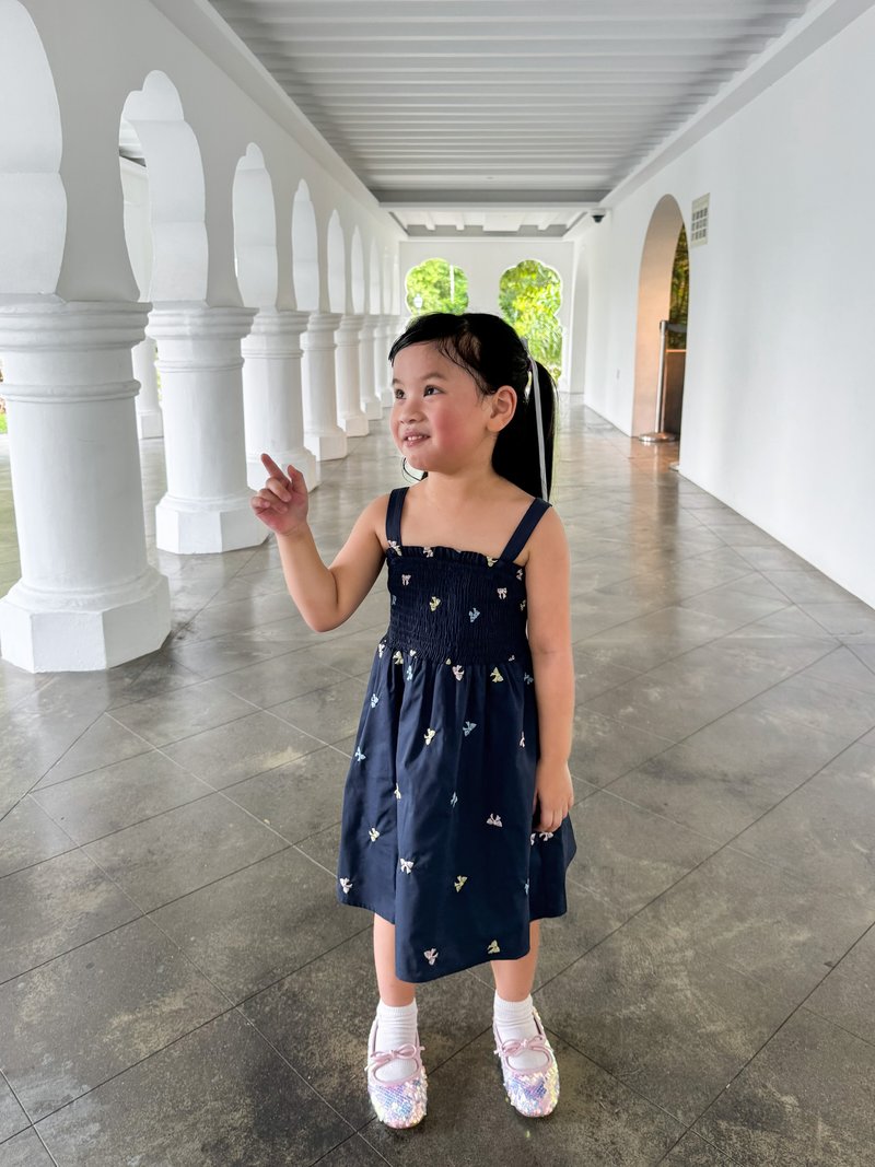 Bernice Smocked Embroidery Ribbon Kids Dress In Navy