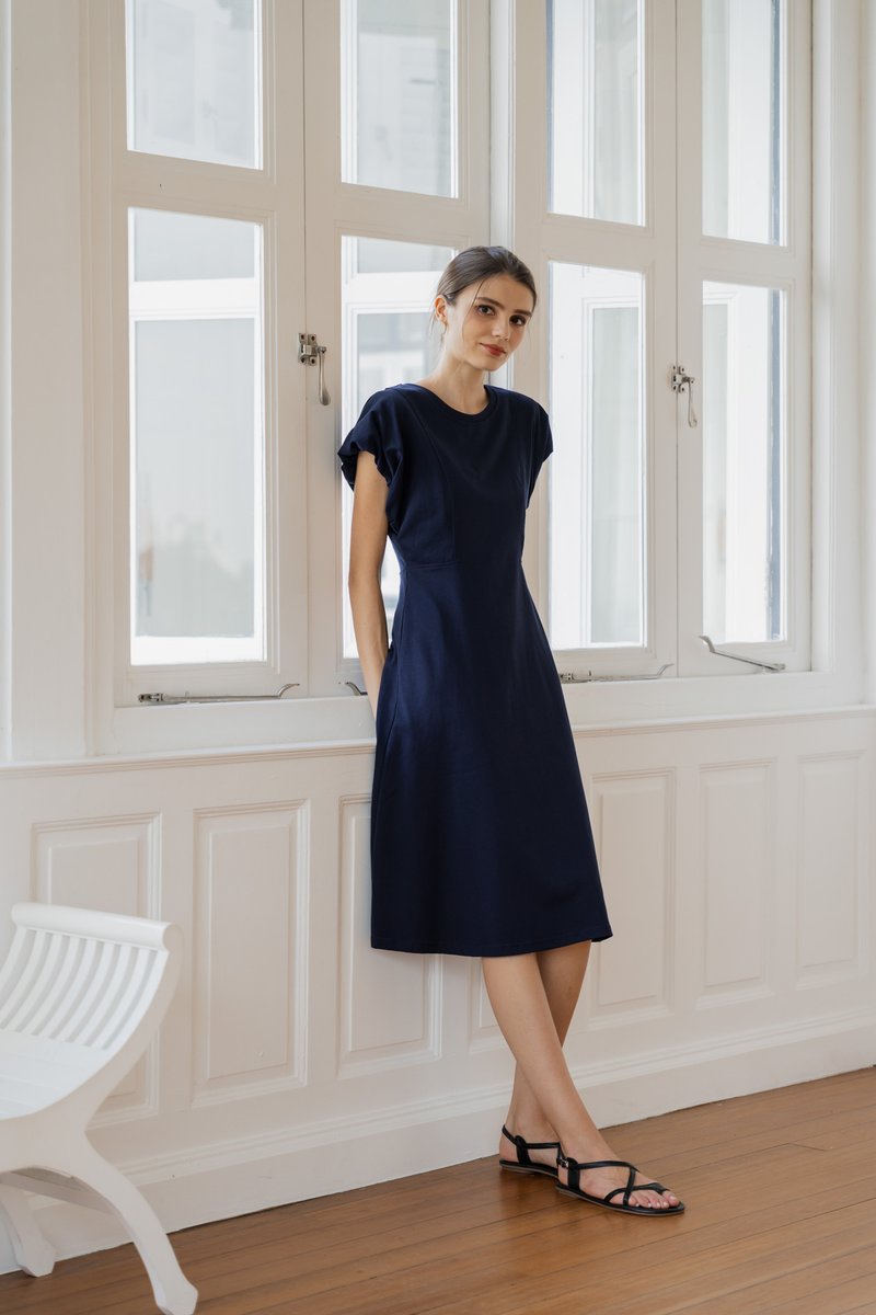Libbie Cotton Midi Dress In Navy (XS)
