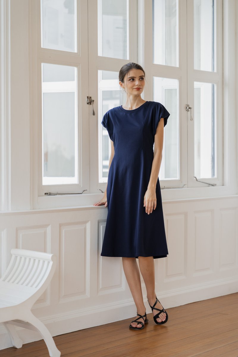 Libbie Cotton Midi Dress In Navy (XS)