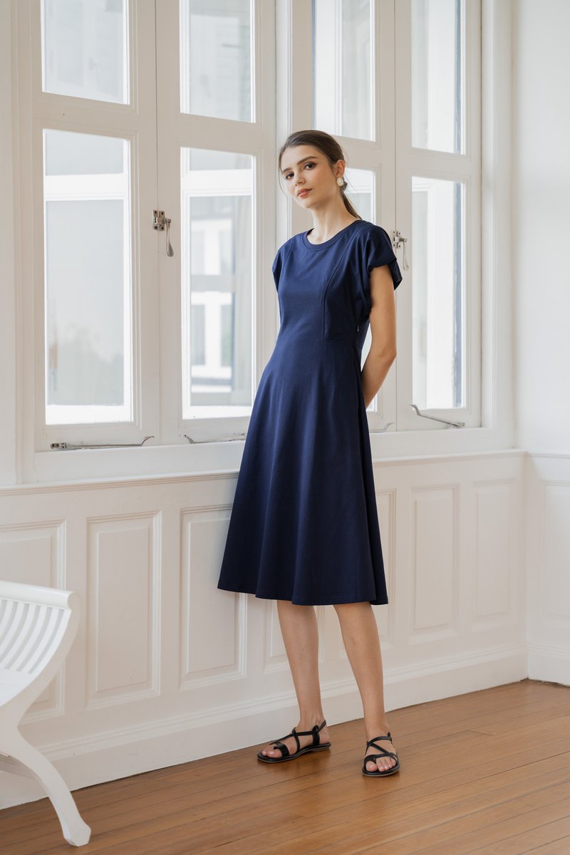 Libbie Cotton Midi Dress In Navy (XS)