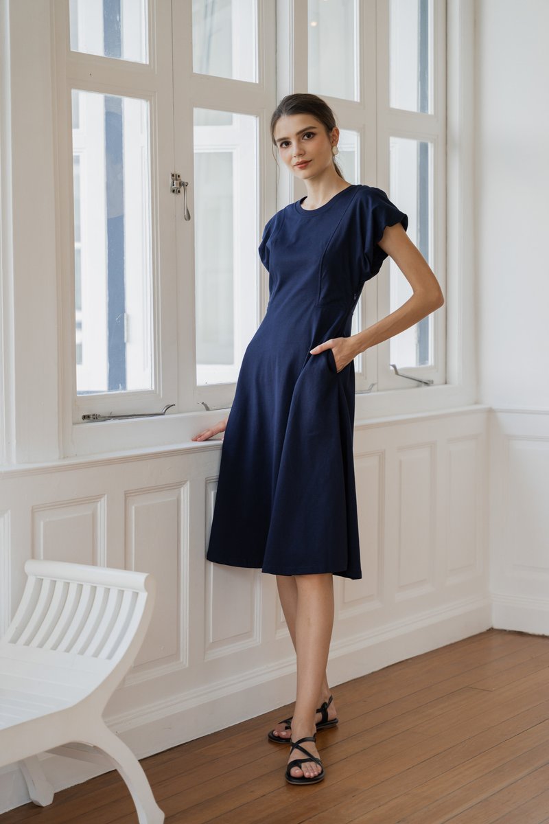 Libbie Cotton Midi Dress In Navy (XS)