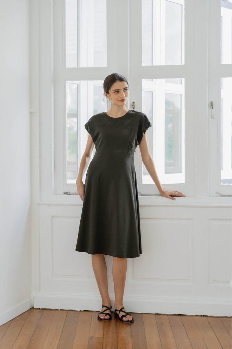 Libbie Cotton Midi Dress In Olive (XS)