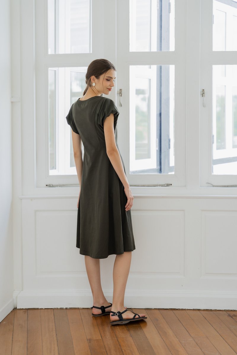 Libbie Cotton Midi Dress In Olive (XS)