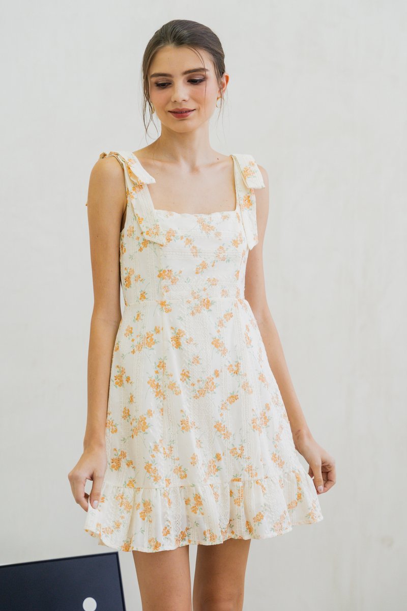 Coretta Eyelet Embroidery Ribbon Dress In Yellow