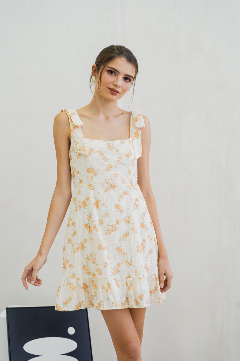 Coretta Eyelet Embroidery Ribbon Dress In Yellow