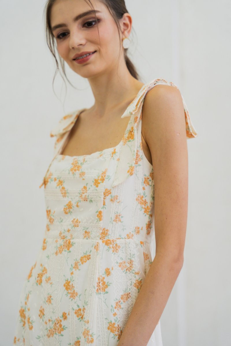 Coretta Eyelet Embroidery Ribbon Dress In Yellow