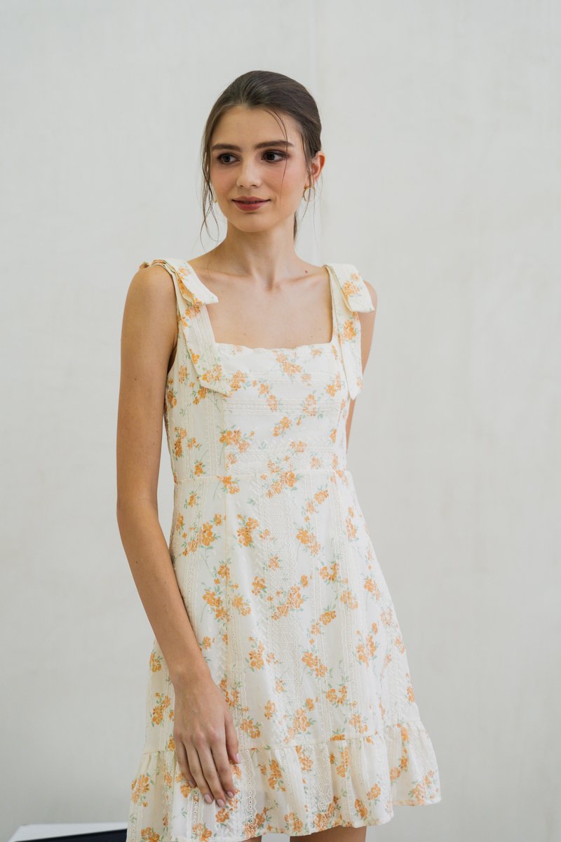 Coretta Eyelet Embroidery Ribbon Dress In Yellow