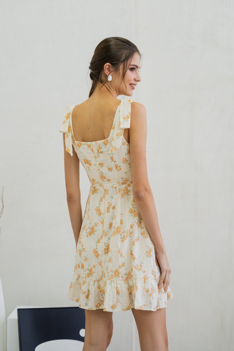 Coretta Eyelet Embroidery Ribbon Dress In Yellow