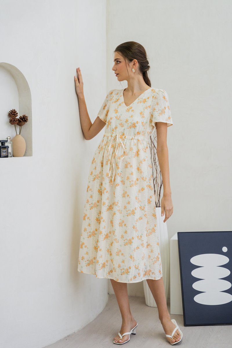Coretta Eyelet Embroidery Drawstring Maxi Dress In Yellow (XS)