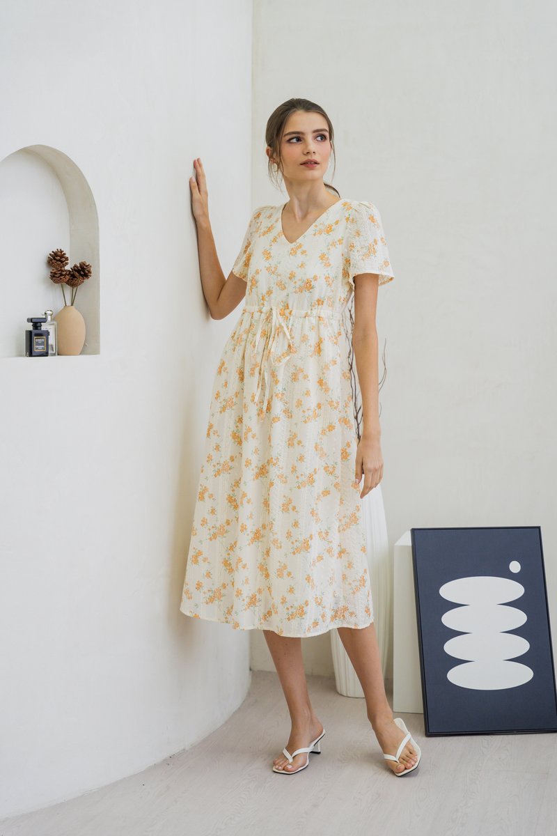 Coretta Eyelet Embroidery Drawstring Maxi Dress In Yellow (XS)