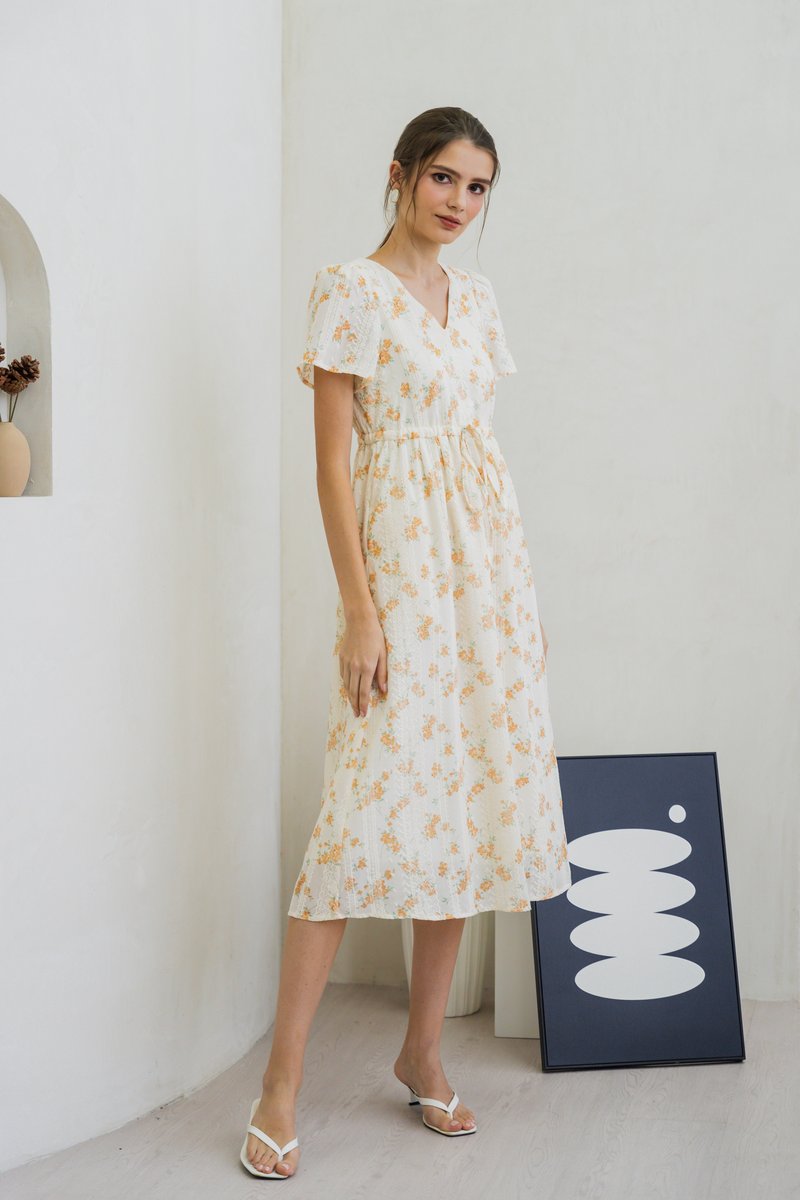 Coretta Eyelet Embroidery Drawstring Maxi Dress In Yellow (XS)